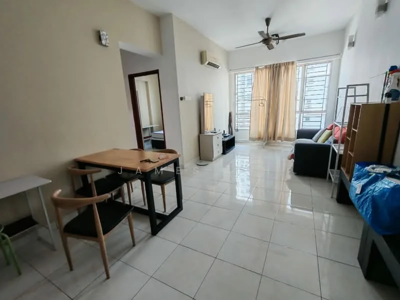 Living features: white painted walls, glossy tile flooring, 5-blade ceiling fan with light, floor-to-ceiling windows, sheer curtains, sofa in grey, coffee table, TV console, wall-mounted TV, dining table with 4 chairs, open shelving unit, air conditioning unit; style: modern.