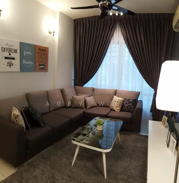 Living features: L-shape sectional sofa in grey, coffee table with white top and wooden legs, area rug in light grey, floor-to-ceiling windows with sheer curtains, dark brown curtains, wall-mounted TV, decorative wall art, ceiling fan with light, wall sconce lighting, potted plant on coffee table; style: modern.