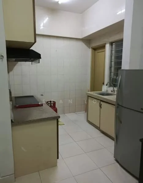 Kitchen features: light-colored cabinetry, grey countertop, single-bowl stainless-steel sink, chrome pull-down faucet, built-in kitchen cabinet, fridge, wall-mounted range hood, white tiled walls, white tiled flooring, window with security bars, door leading to another room.