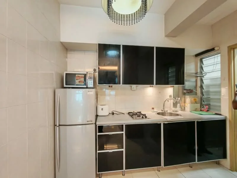 Kitchen features: black cabinetry with glossy finish, white countertop, stainless-steel single-bowl sink, chrome pull-down faucet, 4-burner gas hob, built-in microwave, stainless-steel fridge, tile backsplash, white tiled walls, white tiled flooring, recessed ceiling lights, window with metal grille, kitchen utensils on countertop; style: modern.