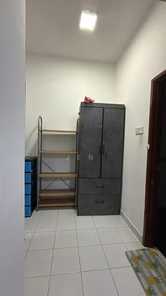 Room features: white walls, tile flooring, built-in wardrobe with grey finish, open shelving unit, black storage boxes, overhead LED lighting; style: modern.
