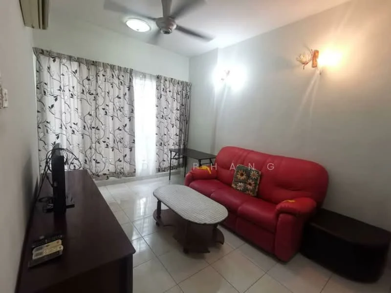 Living features: red leather sofa, coffee table, TV console, wall-mounted TV, floor-to-ceiling windows, sheer curtains with floral pattern, recessed downlights, ceiling fan, white painted walls, glossy tile flooring; style: modern.