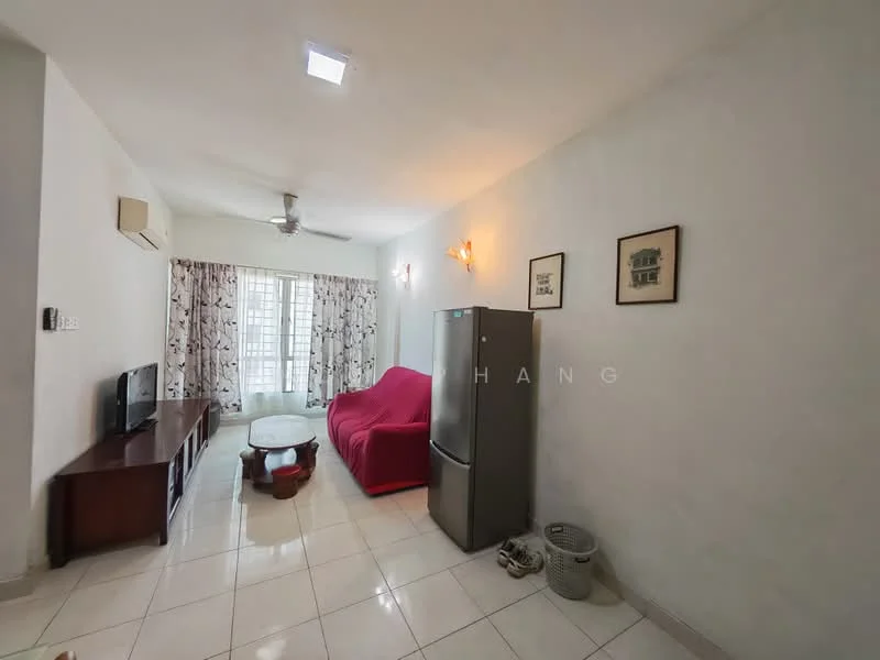 Living features: white painted walls, glossy tile flooring, 5-blade ceiling fan with light, sofa covered with red throw, wooden TV console, wall-mounted TV, round coffee table, refrigerator, curtains with floral pattern, floor-to-ceiling windows; style: modern.