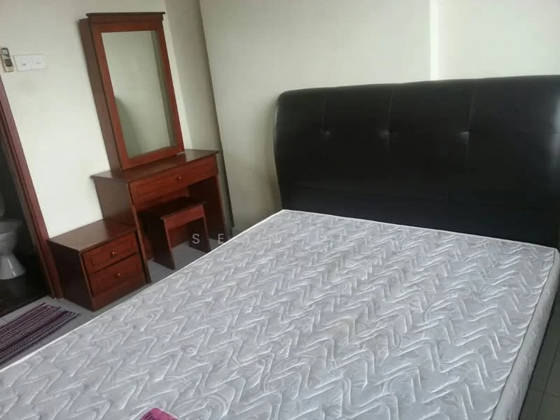 Bedroom features: king-size bed with black upholstered headboard, wooden bedside table, wooden dresser with mirror, empty mattress, light-colored walls, tile flooring, window with natural light, decorative area rug; style: modern.