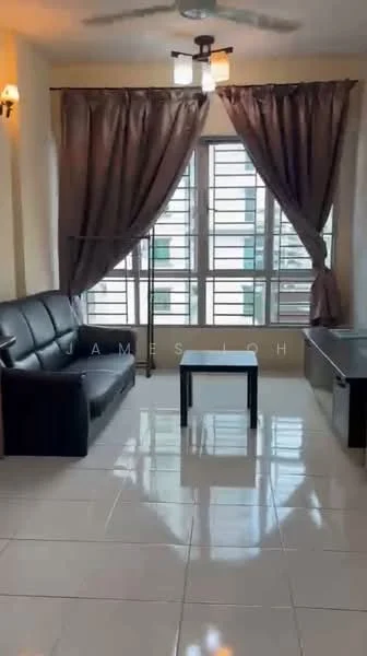 Living features: black leather sofa, glass coffee table, white painted walls, glossy tile flooring, ceiling fan with light, floor-to-ceiling windows, brown curtains, natural light from windows; style: modern.