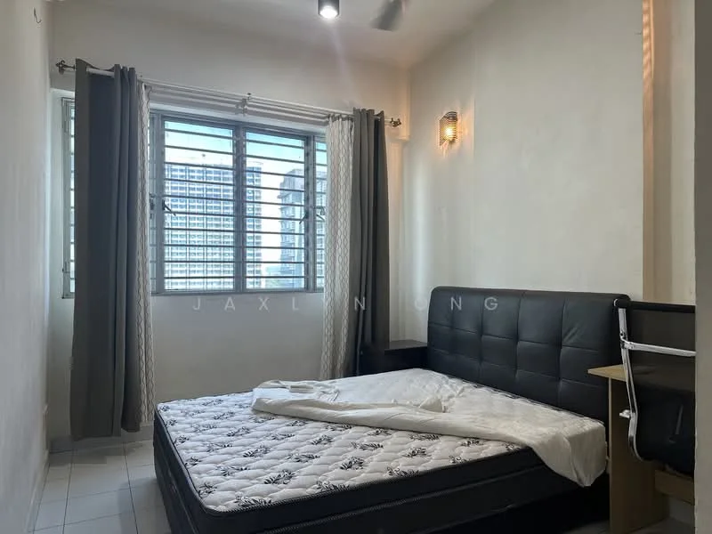 Bedroom features: queen-size bed, black upholstered headboard, mattress without bedding, floor-to-ceiling windows, metal window grilles, curtains in grey, wall-mounted sconce lighting, light-coloured painted walls, white tiled flooring; style: modern; view: city.