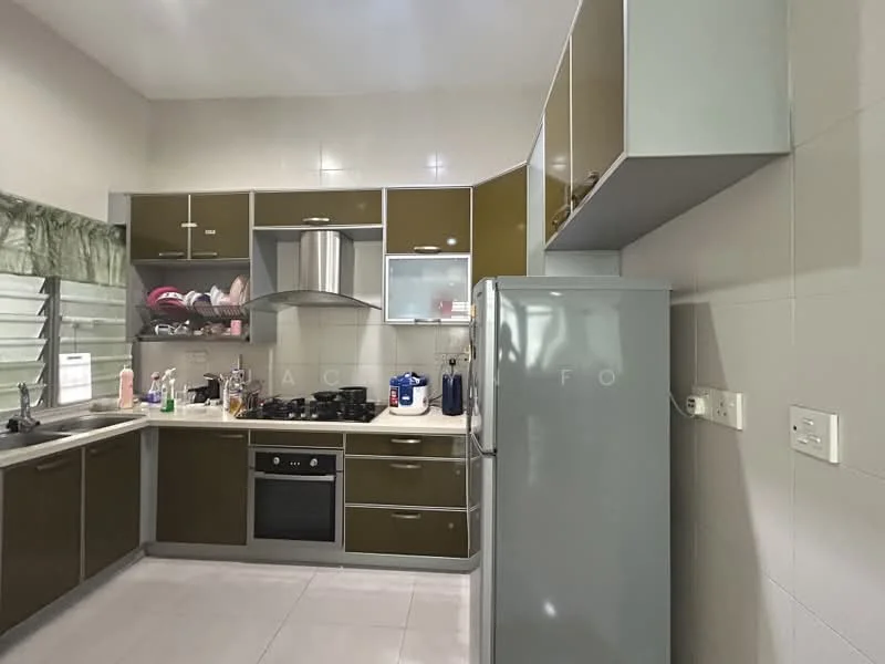 Kitchen features: green and grey cabinetry, stainless-steel sink, chrome pull-down faucet, built-in oven, freestanding range oven, stainless-steel range hood, fridge, countertop with space for appliances, tile flooring, window with green curtains, wall-mounted cabinets, open shelving; style: modern.