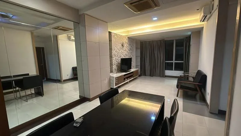 Living features: black dining table, 6 black dining chairs, wall-mounted TV, TV console, mirrored wall, grey curtains, recessed LED downlights, split air conditioning unit, cream painted walls, tile flooring, sofa chairs, decorative wall with pattern; style: modern.