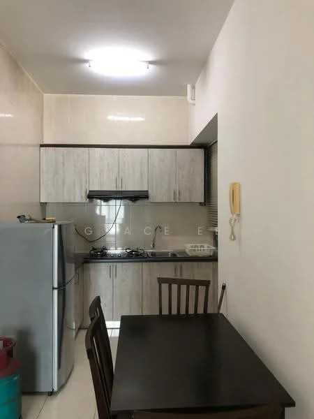Kitchen features: white laminate cabinetry, black countertop, stainless-steel sink, chrome pull-down faucet, built-in gas stove, exhaust hood, refrigerator, dining table with four chairs, tile flooring, light fixture on ceiling, wall-mounted phone; style: modern.