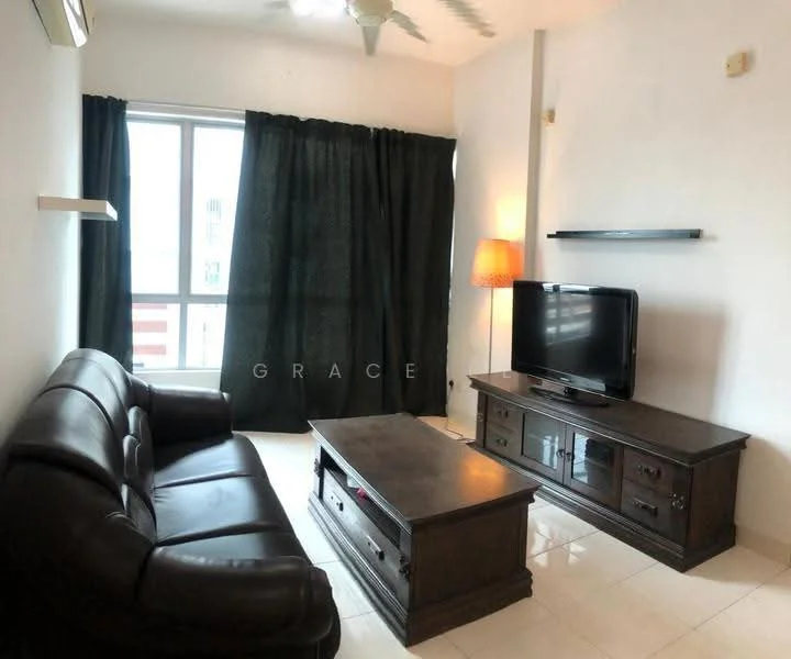 Living features: 3-seater leather sofa in dark brown, coffee table with storage, TV console with drawers, wall-mounted TV, floor lamp with orange shade, curtains in dark green, ceiling fan, white painted walls, glossy tile flooring; style: modern.