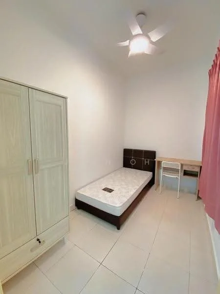 Bedroom features: single bed frame without mattress, wooden wardrobe with sliding doors, study desk with chair, white walls, ceiling fan with light, tile flooring, pink curtains; style: minimalist.