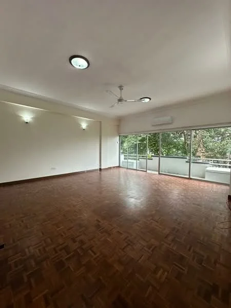 Living features: parquet wood flooring, white painted walls, 5-blade ceiling fan with light, recessed downlights, floor-to-ceiling windows, sliding glass door, natural light from windows, balcony access; view: garden.