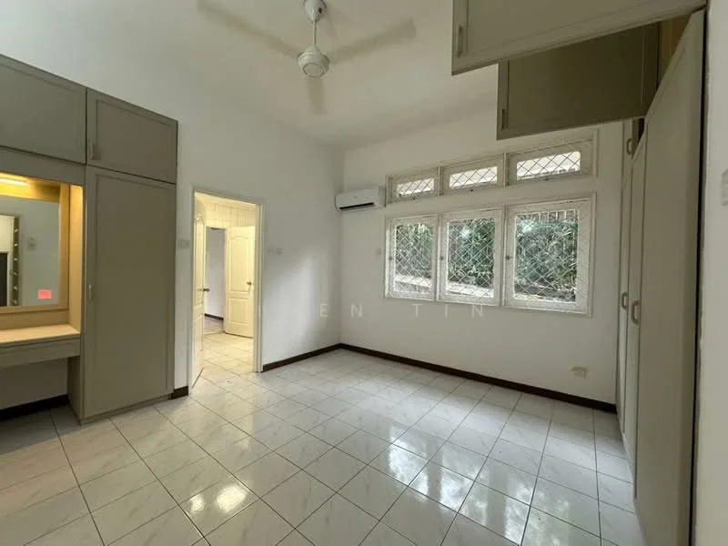 Bedroom features: white painted walls, tile flooring, ceiling fan, built-in wardrobe with sliding doors, window with security grille, natural light from windows, neutral color scheme, air conditioning unit; style: minimalist; view: garden.