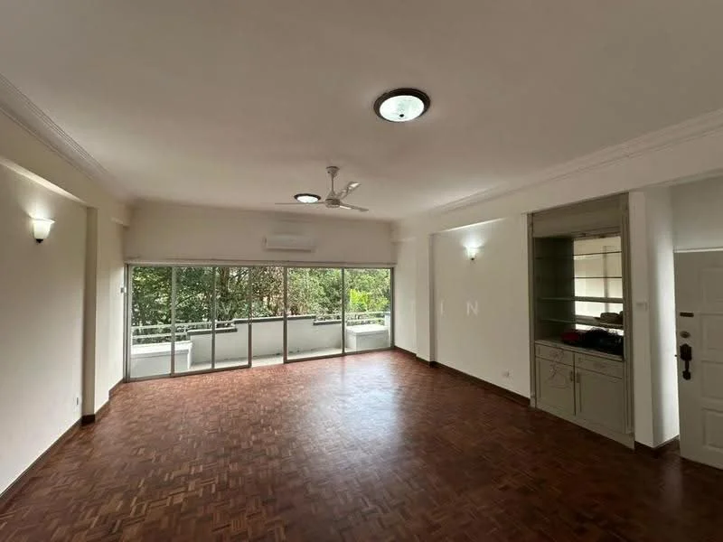 Living features: wooden flooring, white painted walls, recessed downlights, 5-blade ceiling fan, floor-to-ceiling windows, sliding glass door, balcony view, built-in cabinetry, wall-mounted air conditioning unit, decorative wall sconces; style: modern; view: garden.