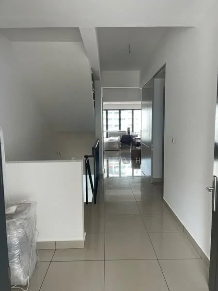 Room features: white painted walls, tile flooring, large windows, natural light, staircase, open layout, neutral color scheme, minimalist design; style: modern; view: city.