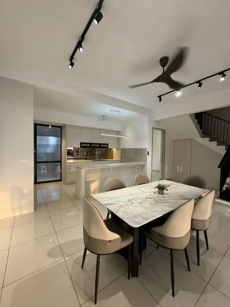 Dining features: marble dining table, upholstered dining chairs, 5-blade ceiling fan with light, recessed LED downlights, white painted walls, glossy tile flooring, open-plan layout, kitchen island with seating, stainless-steel appliances, built-in cabinetry; style: modern. Kitchen features: stainless-steel fridge, built-in oven, 4-burner gas hob, stainless-steel range hood, white cabinetry, grey countertop, tile backsplash, recessed lighting; style: modern.