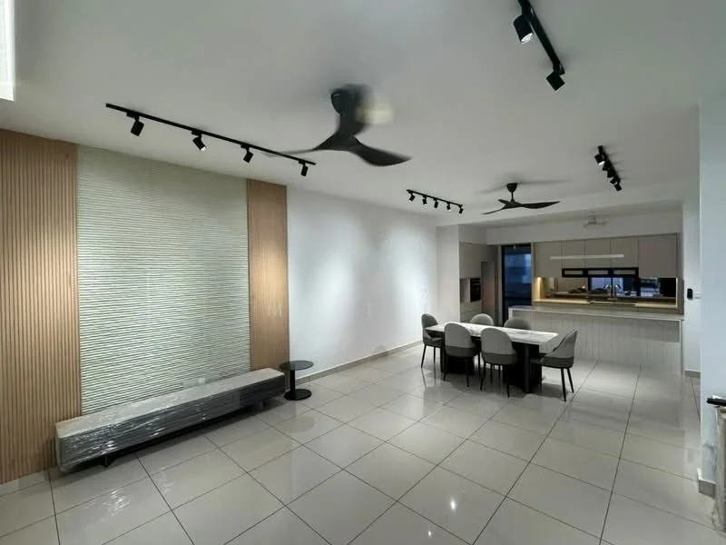 Living features: white painted walls, tile flooring, 5-blade ceiling fan with light, recessed LED downlights, track lighting, wood panel accent wall, dining table with 6 chairs, black side table, open layout, large windows, kitchen area visible in background; style: modern.