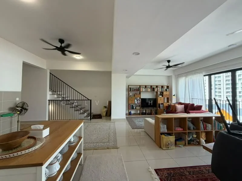 Living features: white painted walls, tile flooring, 2 ceiling fans, large windows with city view, wooden shelving unit, sofa in red upholstery, coffee table, area rug with geometric pattern, decorative wall art, open layout with dining area visible, staircase with black railing; style: modern; view: city.