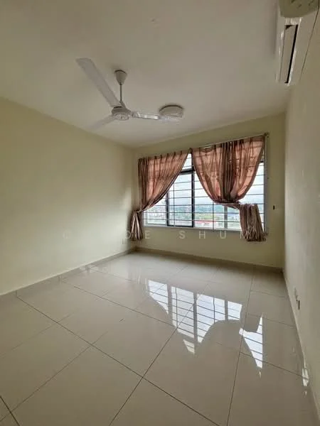 Room features: cream painted walls, glossy ceramic tile flooring, 5-blade ceiling fan, floor-to-ceiling windows, sheer curtains, air conditioning unit, natural light from windows; style: modern; view: city.