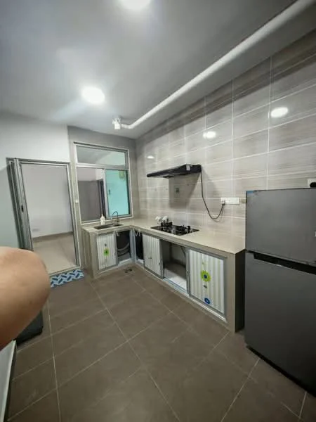 Kitchen features: grey tiled walls, light grey countertop, stainless-steel sink, chrome pull-down faucet, 4-burner gas hob, stainless-steel range hood, built-in cabinets with sliding doors, grey ceramic tile flooring, refrigerator, window with view to outside, LED ceiling lights; style: modern.