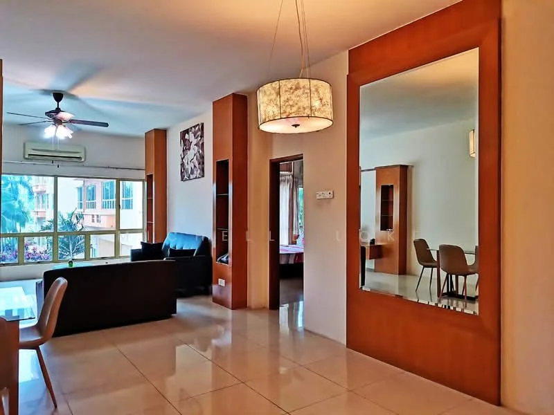 Living features: 3-seater leather sofa, coffee table, ceiling fan, pendant light, large mirror, floor-to-ceiling window, tile flooring, wall-mounted air conditioning unit, decorative artwork on wall; style: modern; view: garden. Dining features: 4-seater dining table, upholstered dining chairs, wall-mounted cabinet, tile flooring; style: modern.