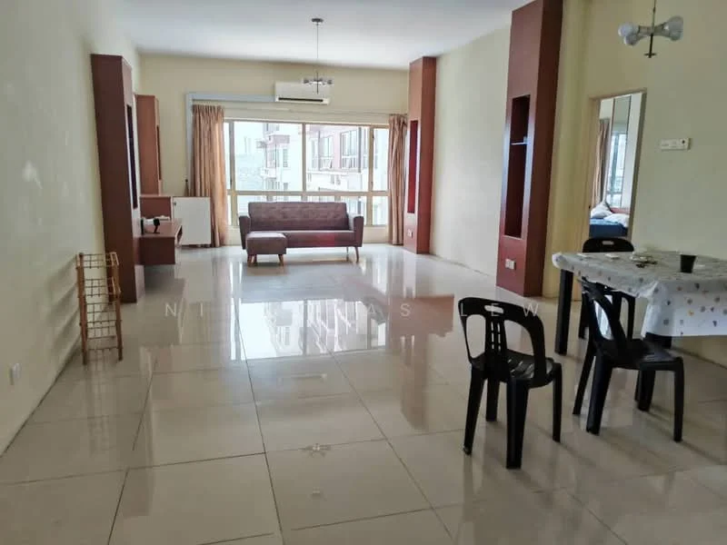 Living features: cream painted walls, glossy tile flooring, floor-to-ceiling windows, curtains, sofa in brown, coffee table, dining table with white tablecloth, black plastic chairs, wall-mounted air conditioning unit, mirror, decorative wall paneling; style: modern; view: city.