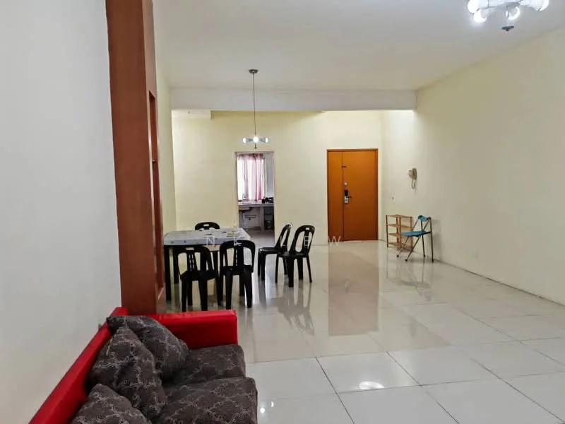 Living features: red fabric sofa, 3-seater sofa, dining table with 6 black plastic chairs, white tiled flooring, cream painted walls, ceiling light fixture, doorway leading to kitchen, window with sheer curtains; style: modern. Room features: white walls, tiled flooring, door leading outside, light fixture on ceiling.