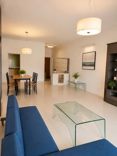Living features: blue fabric sofa, glass coffee table, 2 pendant lights, white painted walls, glossy tile flooring, decorative plants in pots, open layout, area rug; style: modern. Dining features: wood dining table for 4, black dining chairs, 2 pendant lights, white painted walls, glossy tile flooring, decorative plants in pots; style: modern.