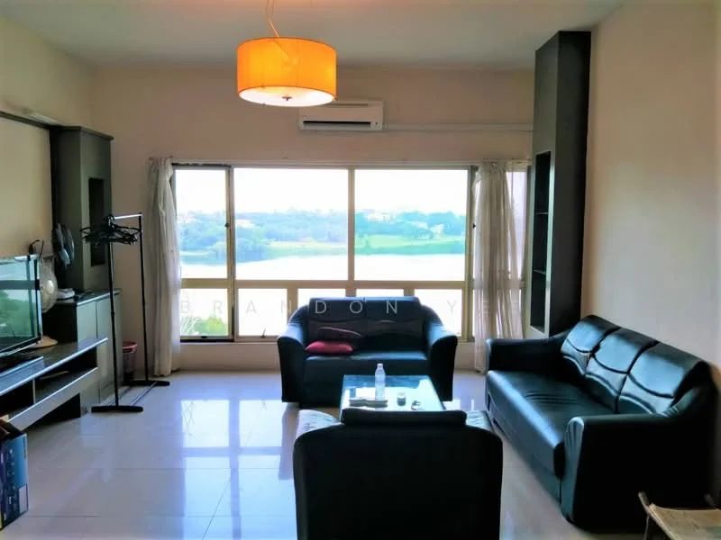 Living features: black leather sofa, 3-seater fabric sofa in grey, coffee table, TV console, wall-mounted TV, floor-to-ceiling windows, curtains, air conditioning unit, pendant light, glossy tile flooring, decorative wall, view of greenery; style: modern; view: garden.