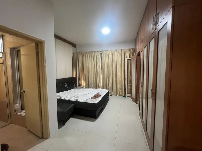 Bedroom features: queen-size bed with black upholstered headboard, black leather sofa, built-in wardrobe with sliding doors, cream curtains, white painted walls, tile flooring, recessed ceiling light, wall-mounted mirror; style: modern. Bathroom features: door leading to bathroom, unknown fixtures.