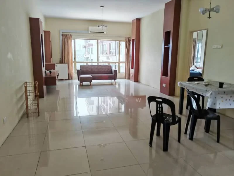 Living features: cream painted walls, glossy tile flooring, floor-to-ceiling windows, curtains, sofa in brown, dining table with white tablecloth, black plastic chairs, ceiling-mounted air conditioning unit, mirror on wall, decorative wall shelves, light fixture, open layout; style: modern; view: city.
