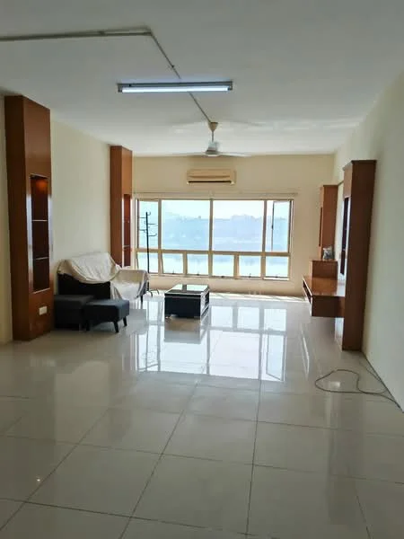 Living features: white painted walls, glossy ceramic tile flooring, 5-blade ceiling fan with light, large floor-to-ceiling windows, window air conditioning unit, black fabric sofa, coffee table, built-in wall shelves, wooden console table, natural light from windows; style: modern; view: city.
