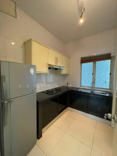 Kitchen features: black granite countertop, cream cabinetry, stainless-steel fridge, built-in gas hob with 2 burners, stainless-steel range hood, single-bowl stainless-steel sink, window with blinds, white tiled walls, cream tiled flooring, pendant light fixture; style: modern.