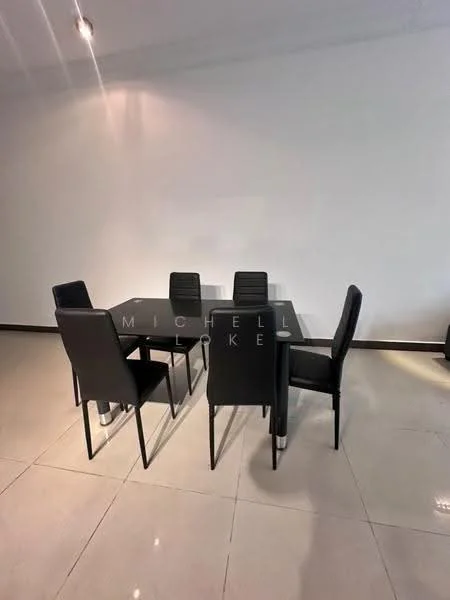 Dining features: glass dining table, black dining chairs, polished ceramic tile flooring, white painted walls, recessed downlights; style: modern.