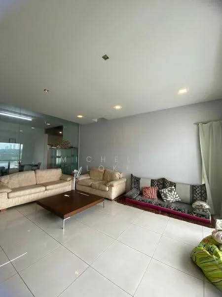 Living features: beige fabric 3-seater sofa, beige fabric 2-seater sofa, wood coffee table, white tiled flooring, grey painted walls, recessed downlights, floor-to-ceiling windows, curtains, decorative cushions, area rug; style: modern; view: city.