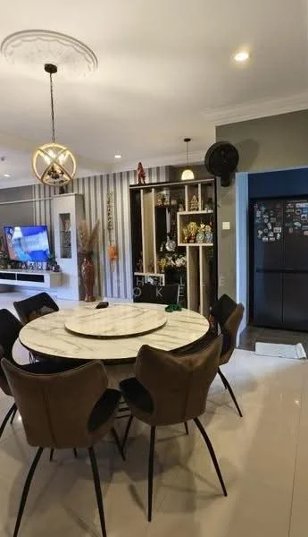 Dining features: round marble dining table, 8 upholstered dining chairs in brown, pendant light fixture, wall-mounted TV, decorative shelving unit, grey painted walls, glossy tile flooring, black refrigerator; style: modern.
