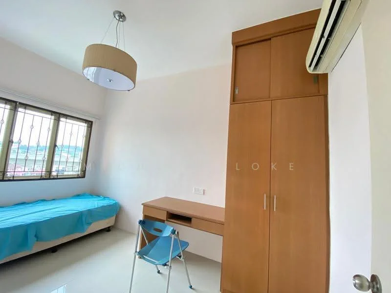 Bedroom features: single bed with blue bedding, built-in wardrobe with wood finish, study desk with drawer, chair with metal frame, white painted walls, glossy tile flooring, ceiling light fixture, window with security bars, air conditioning unit; style: modern; view: city.