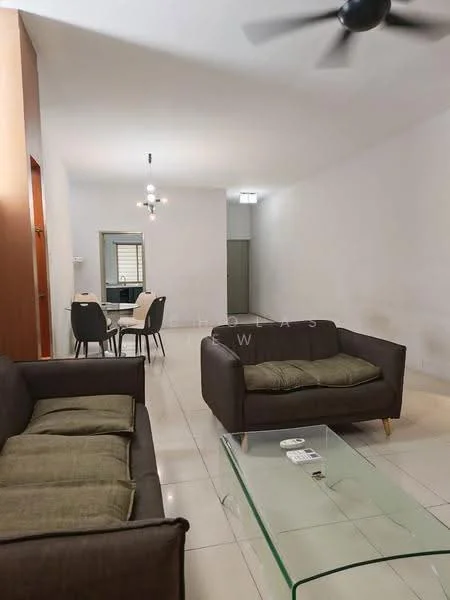 Living features: 2-seater fabric sofa in brown, 3-seater fabric sofa in brown, glass coffee table, ceiling fan, white painted walls, tile flooring, recessed lighting, area rug; style: modern. Dining features: 4-seater dining table, upholstered dining chairs, white painted walls, tile flooring; style: modern.