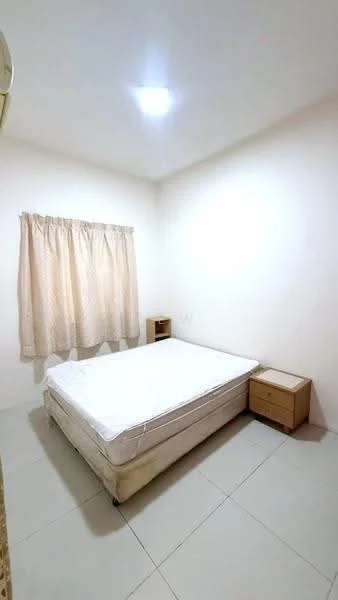 Bedroom features: white painted walls, tile flooring, single bed with mattress, nightstand with drawer, curtains, ceiling light, air conditioning unit.