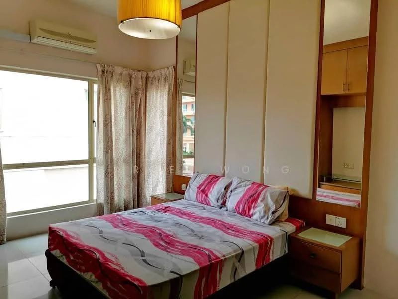 Bedroom features: queen-size bed with red and white striped bedding, two bedside tables with drawers, built-in wardrobe with mirrored doors, floor-to-ceiling window, sheer curtains, wall-mounted air conditioning unit, light fixture with a lampshade, tiled flooring, neutral painted walls; style: modern.