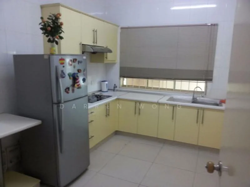 Kitchen features: yellow cabinetry, white tiled walls, grey countertop, single-bowl stainless-steel sink, chrome pull-down faucet, built-in gas stove, stainless-steel fridge, window with blinds, ceramic tile flooring, decorative plant on countertop; style: modern.