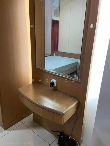 Room features: wooden wall-mounted vanity, mirror, white tiled flooring, plug socket, minimalist design; style: modern.