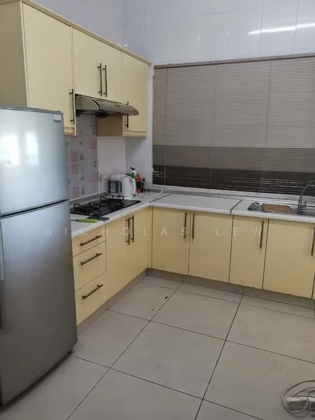 Kitchen features: yellow cabinetry, stainless-steel fridge, built-in gas stove, stainless-steel sink, chrome faucet, white countertop, tile backsplash with pink accents, ceramic tile flooring, window with blinds, kitchen utensils visible, wall-mounted cabinets; style: modern.