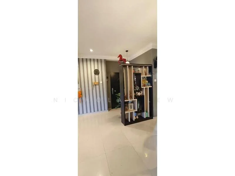 Room features: striped wallpaper in grey and white, cream tiled flooring, built-in shelving unit with decorative items, wall clock, ceiling lights, crown moulding, black door, decorative figurine on top of shelving unit; style: modern.
