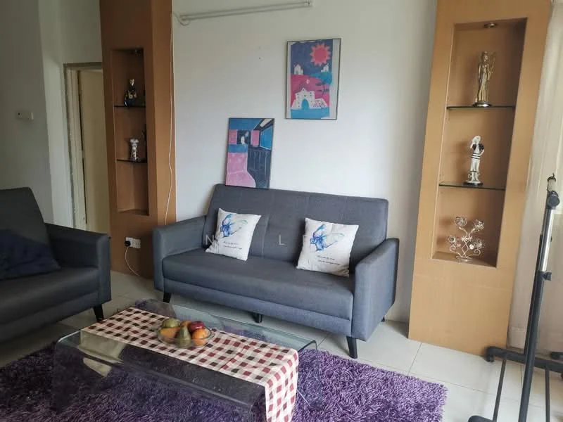Living features: grey fabric 3-seater sofa, two decorative pillows with blue designs, glass coffee table, plaid table runner, purple area rug, wall-mounted artwork, built-in shelving unit, decorative figurines on shelves, white painted walls, tile flooring; style: modern.