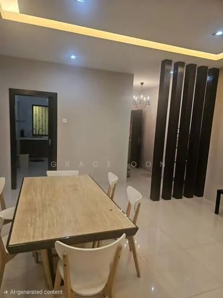 Dining features: rectangular wooden dining table, white dining chairs, cream painted walls, glossy tile flooring, recessed downlights, decorative ceiling with LED strip lighting, partition wall with vertical slats, chandelier, doorway leading to kitchen, open space layout; style: modern.
