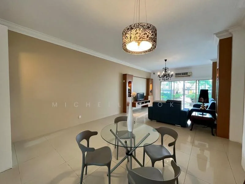 Living features: cream painted walls, white ceiling with crown moulding, large windows with view of greenery, tile flooring, chandelier, modern pendant light, sofa in dark blue, coffee table, TV console, area rug, 6-seater glass dining table, grey dining chairs; style: modern; view: garden.