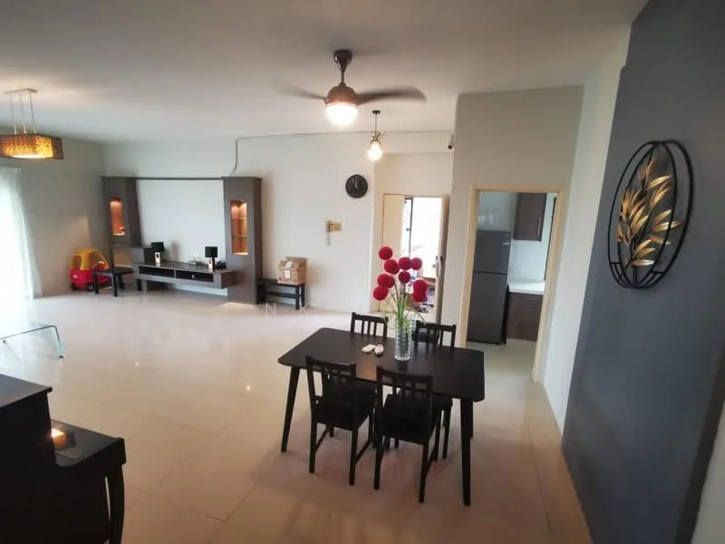 Living features: white painted walls, grey accent wall, polished ceramic tile flooring, 5-blade ceiling fan with light, wall-mounted clock, glass dining table, black dining chairs, TV console, built-in shelves, decorative wall art, large window with natural light; style: modern.