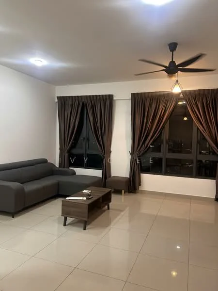 Living features: grey fabric 3-seater sofa, wood coffee table, single upholstered ottoman, white painted walls, glossy tile flooring, ceiling fan with light, floor-to-ceiling windows, dark brown curtains, recessed ceiling lights; style: modern; view: city.