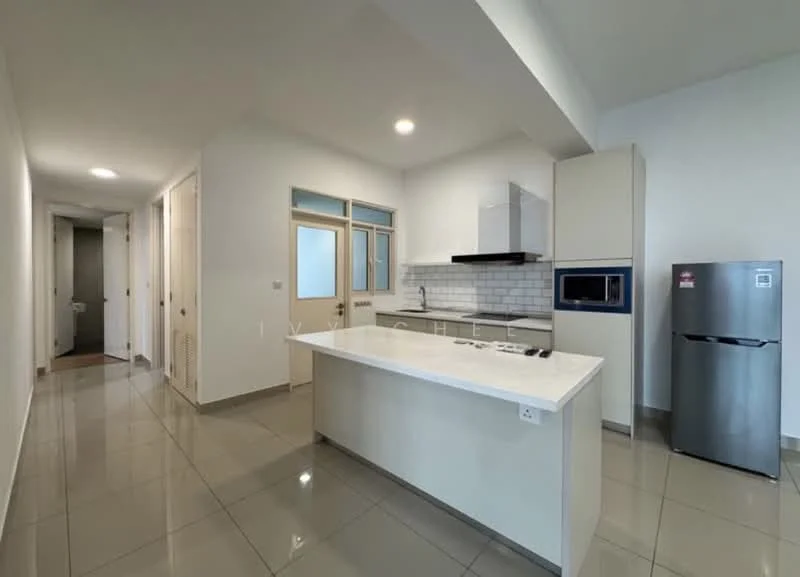 Kitchen features: white cabinetry, grey countertop, stainless-steel sink, chrome pull-down faucet, built-in oven, freestanding range oven, microwave, stainless-steel fridge, tile backsplash, ceramic tile flooring, recessed downlights, floor-to-ceiling windows, open layout, island with seating; style: modern. Room features: white painted walls, grey ceramic tile flooring, doorway leading to hallway, light fixtures.